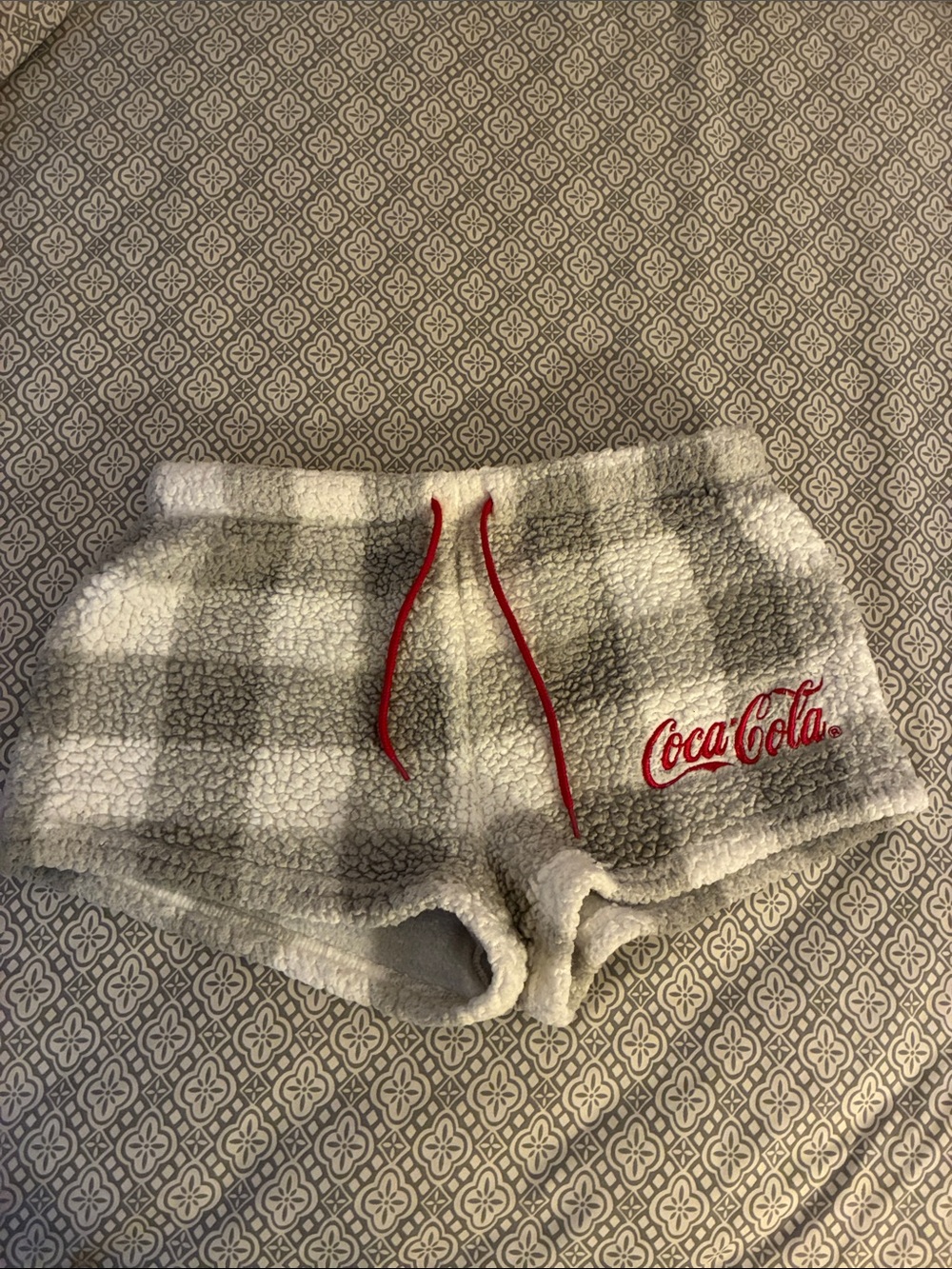 Coca Cola Women's Gray Plaid Sherpa Shorts with Red Drawstring